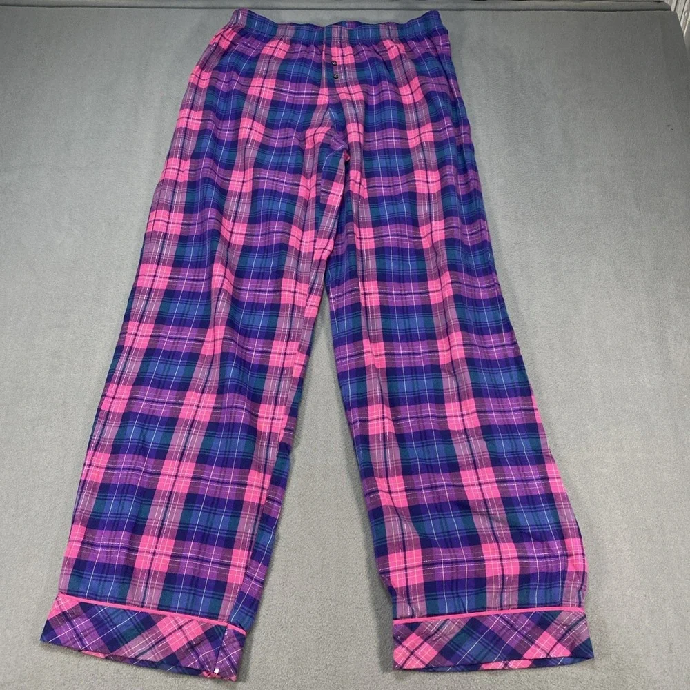 Victoria's Secret Small Y2K Plaid Light Flannel Pajama Set Pink Blue Roll Tab